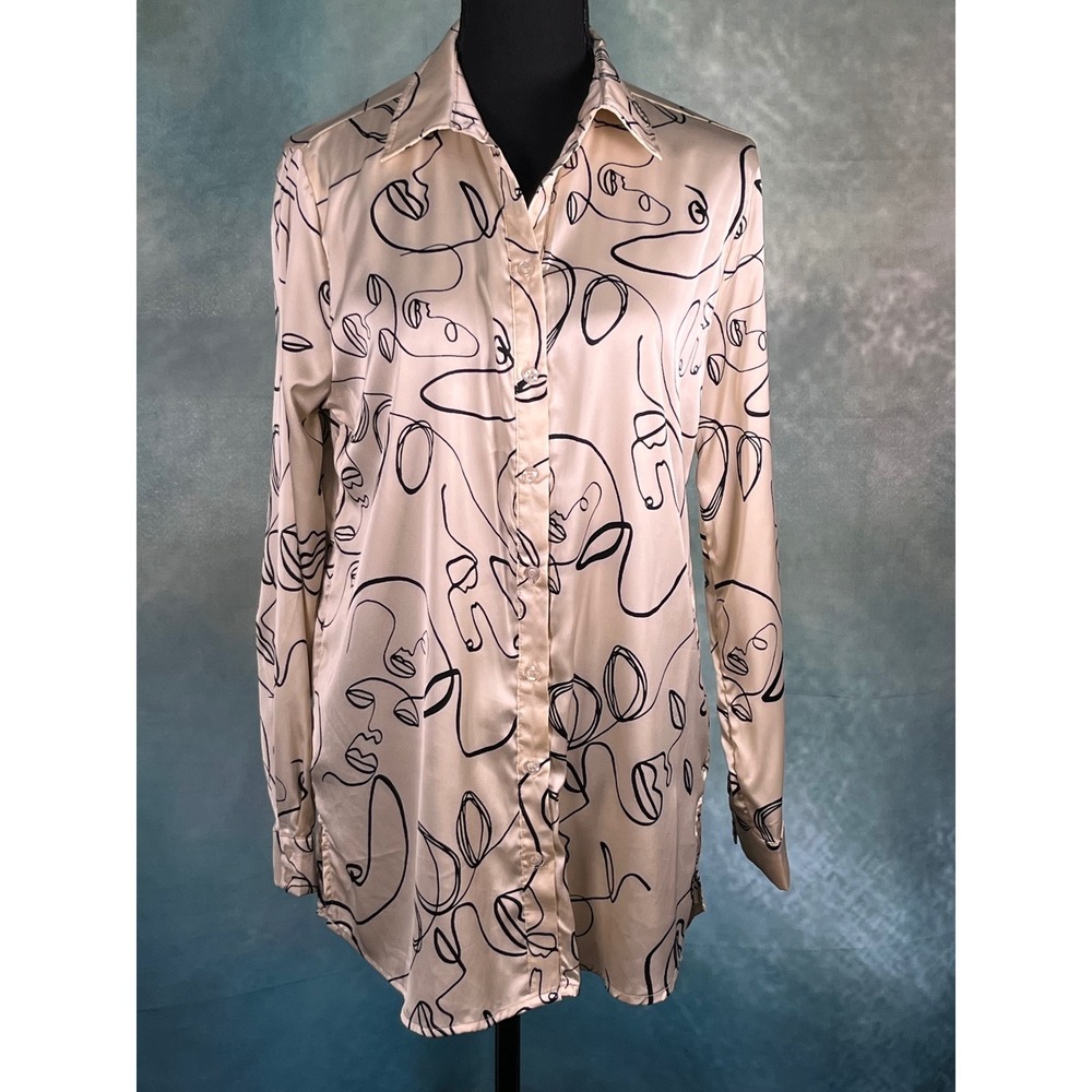 Milk & Honey Cream Black Line Art Face Print Satin‎ Button Down Shirt Medium
